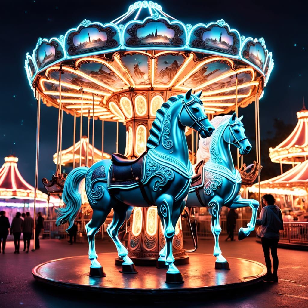 Neon Carousel with Bioluminescent Horses and Moonlight