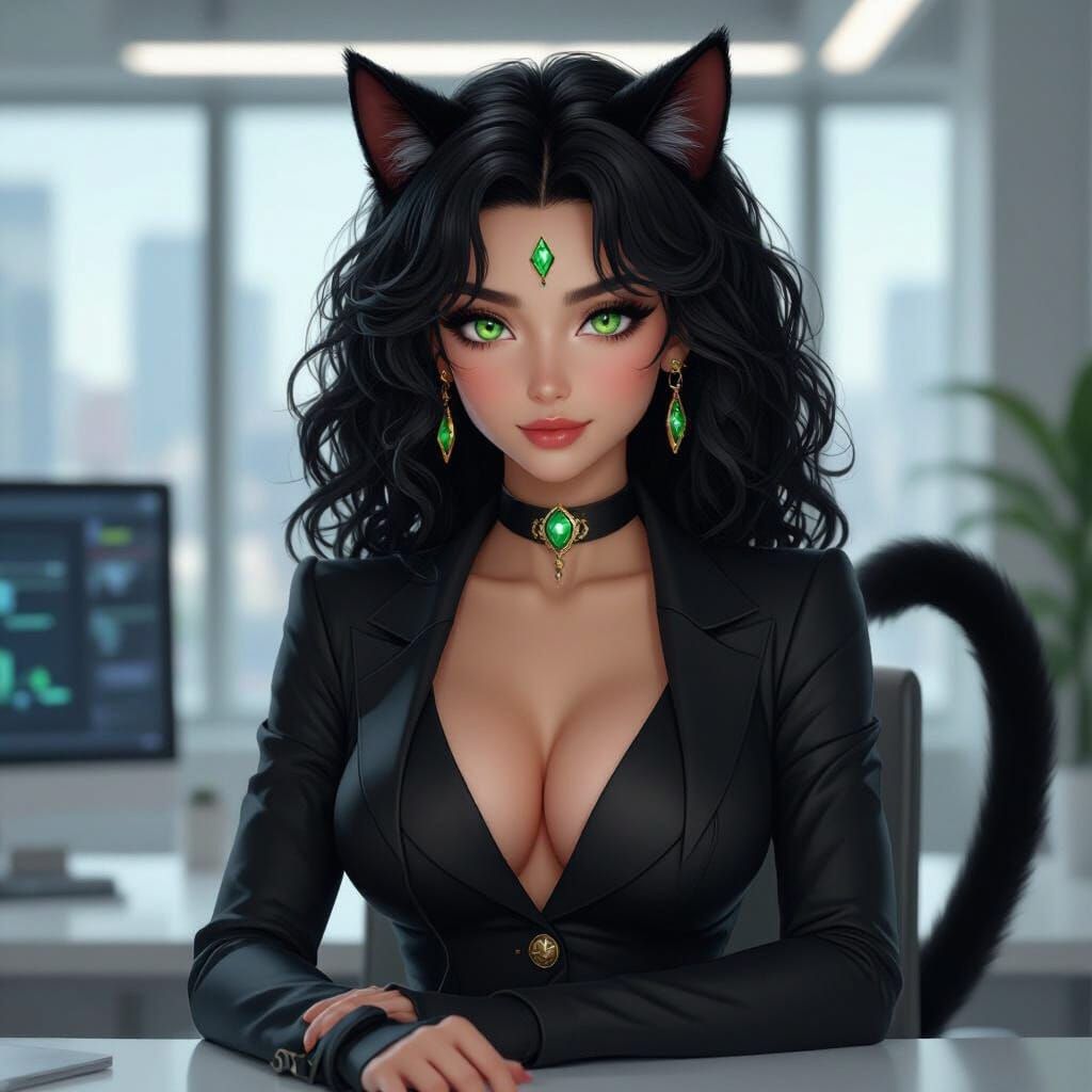 Elegant Feline Leader in High-Tech Office, Photorealistic St...