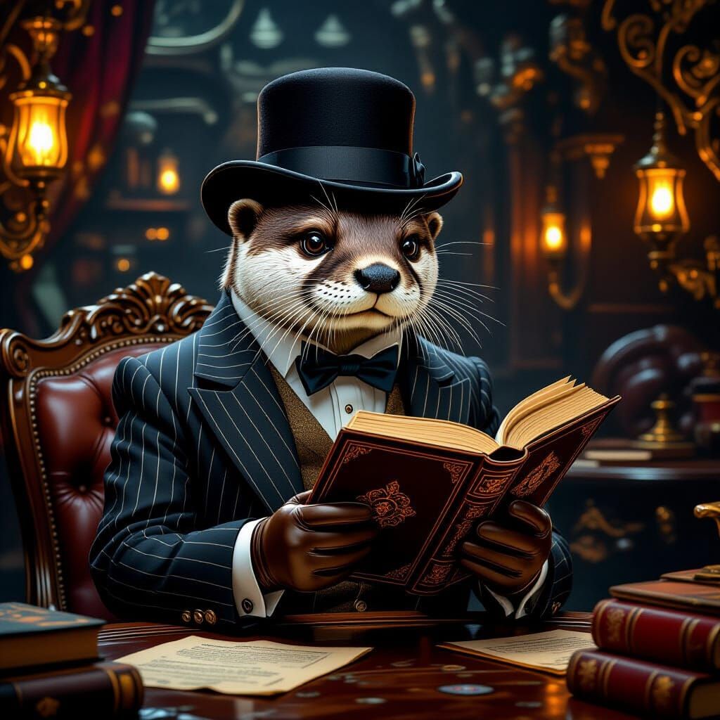 Otter Gentleman Reads in Steampunk Speakeasy