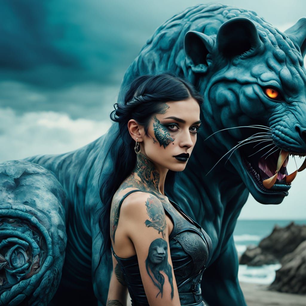 Surrealist Woman with Apocalyptic Tattoos and Fierce Beasts
