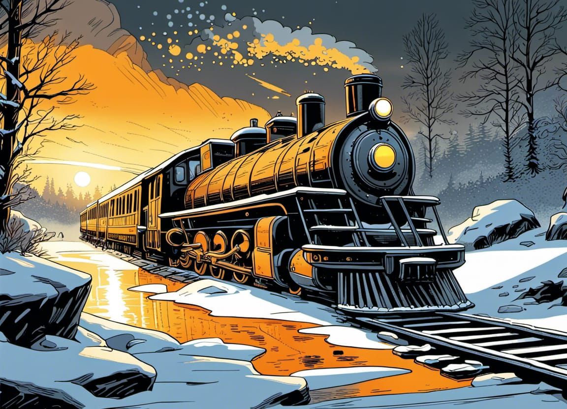 Train Crossing Frozen Lake in Winter Landscape, in Comic Boo...