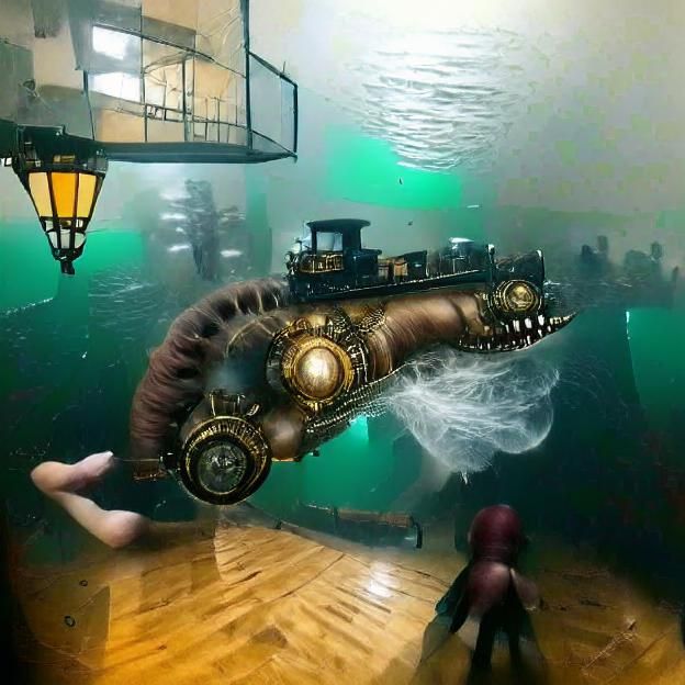Surreal Steam-Powered Underwater Odyssey in Cyberpunk Style