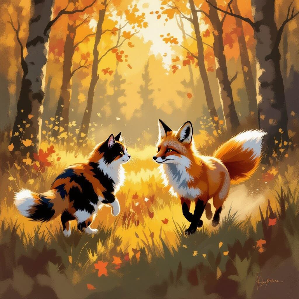 Calico Cat & Red Fox Running in Sunlit Forest