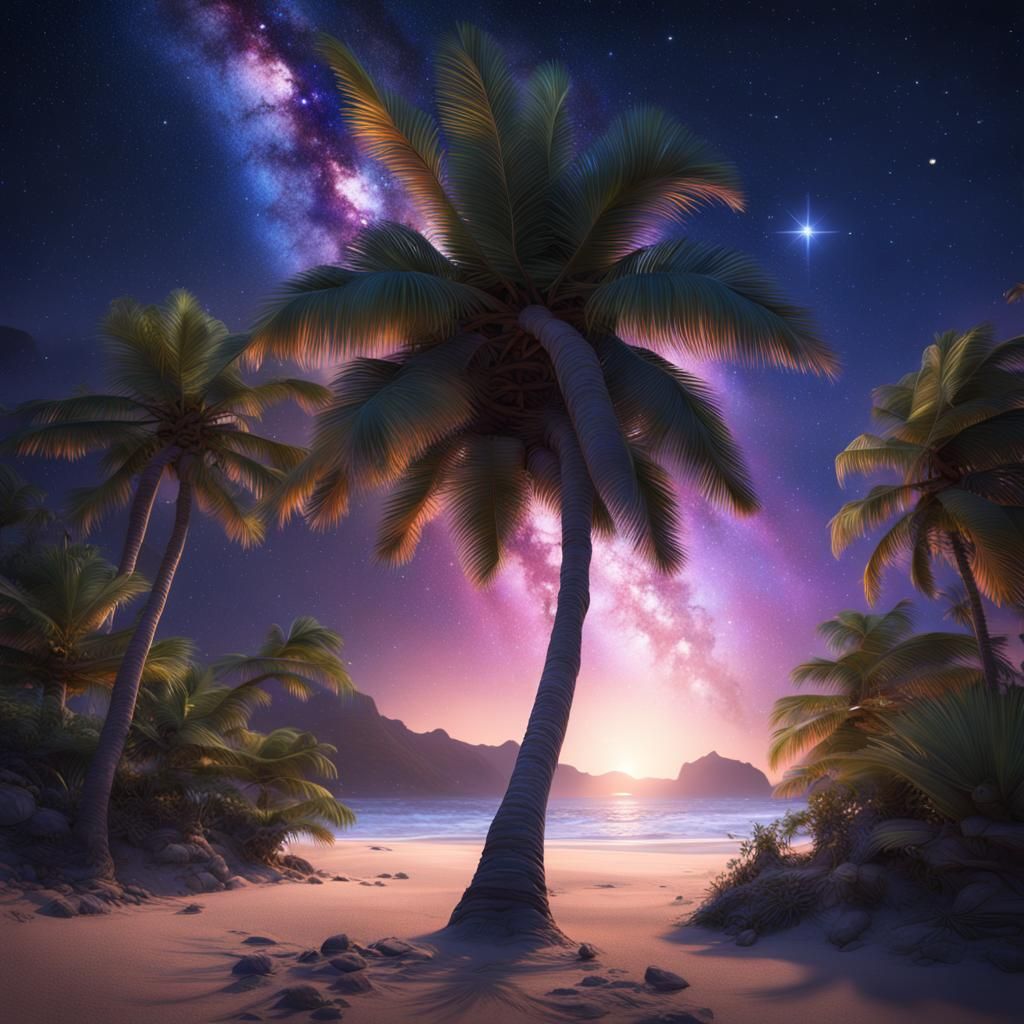 Surreal Palm Tree Blooms on Tropical Evening Under Starry Sk...