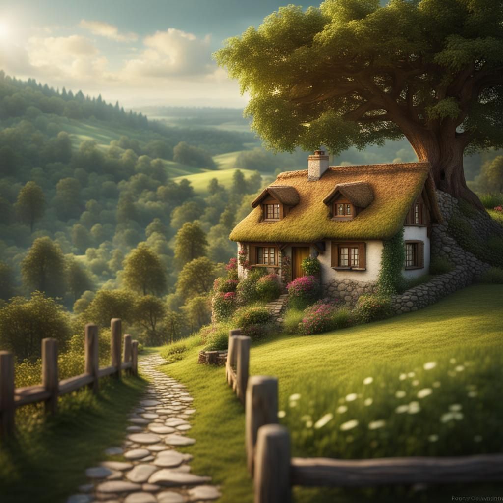 Cozy European Cottage Amidst Lush Vegetation and Majestic Tr...