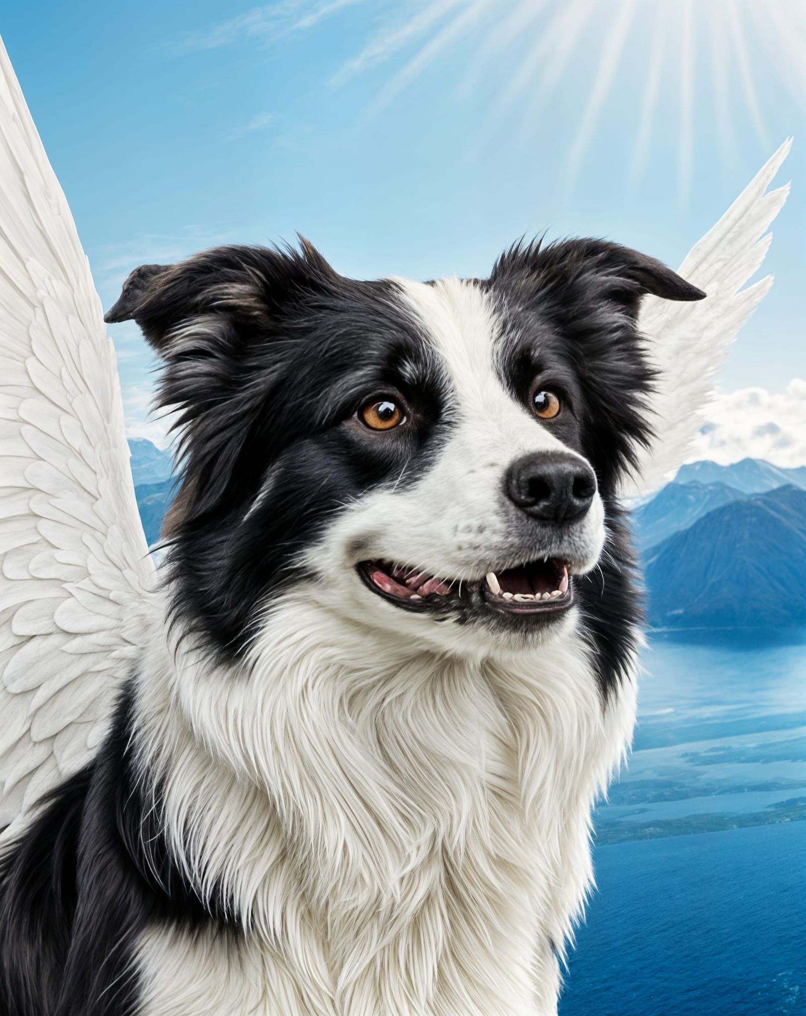 Smiling Border Collie with Angel Wings in Abstract Style