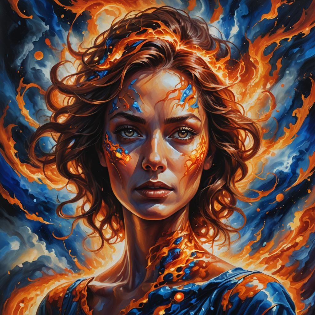 Ethereal Woman Illuminated by Solar Flares in Vibrant Oil Pa...
