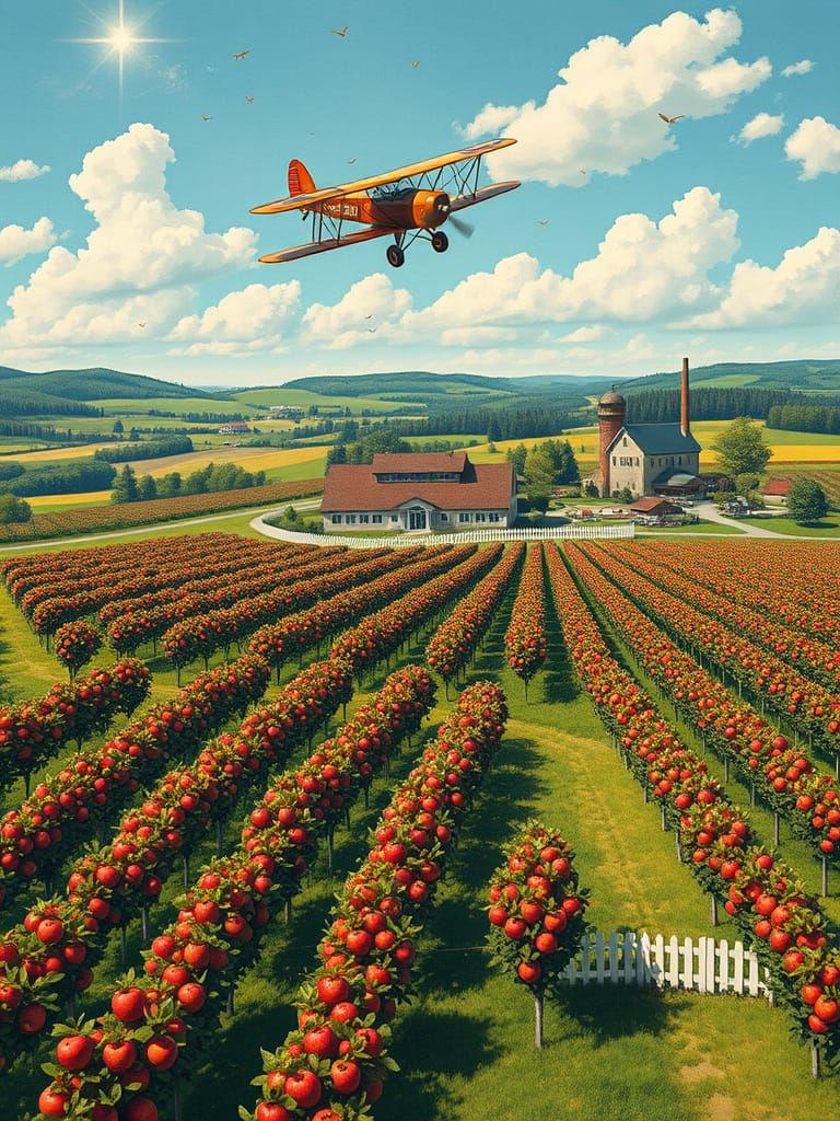 Apple Orchard Vista with Biplane in Gouache Style