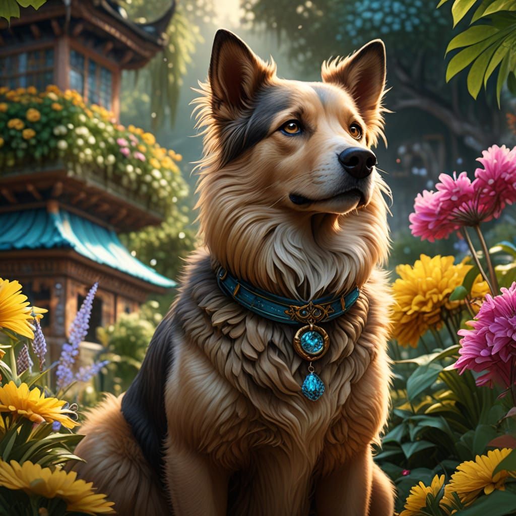 Dog with Turquoise Eyes in Vibrant Garden