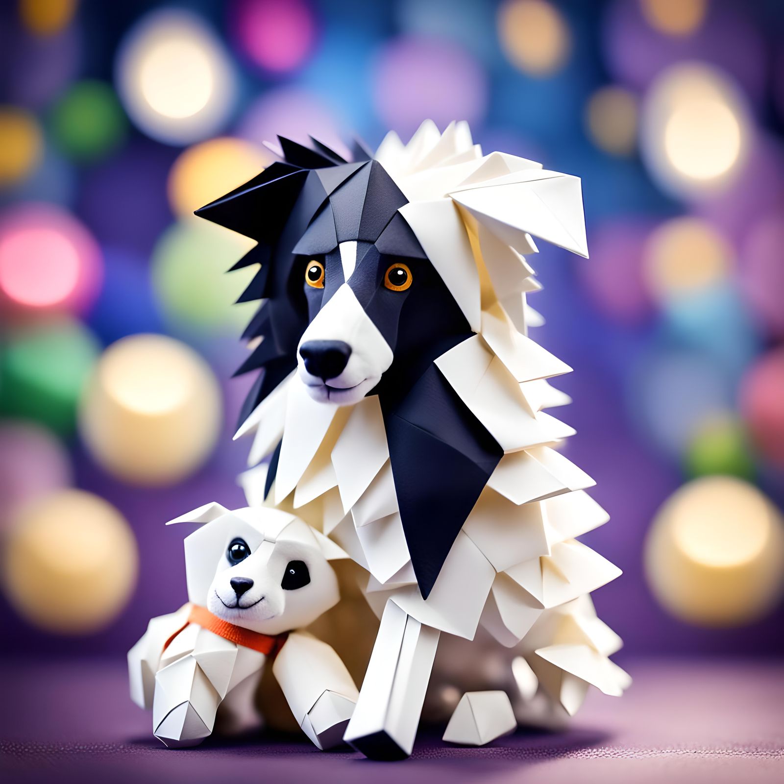 Origami-Inspired Portrait of a Border Collie with Lamb Compa...