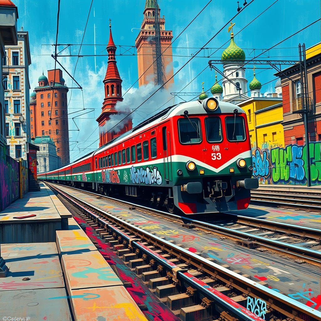 Russian Train Speeds Through Urban Landscape in Vibrant, Dre...