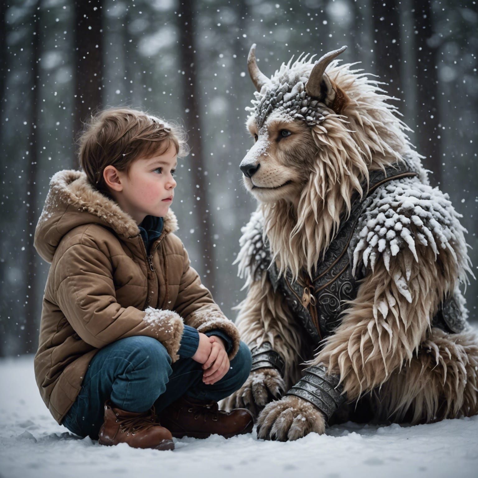 (Fantasy photography:1.3) photo of a young child and a large mythical creature, the child dressed in warm, fur-lined clo...