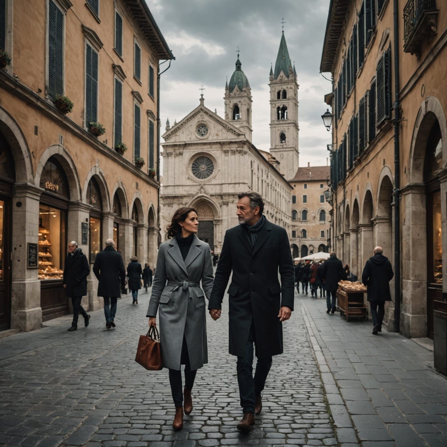 Couple Strolling Through Historic Italian City in Autumn