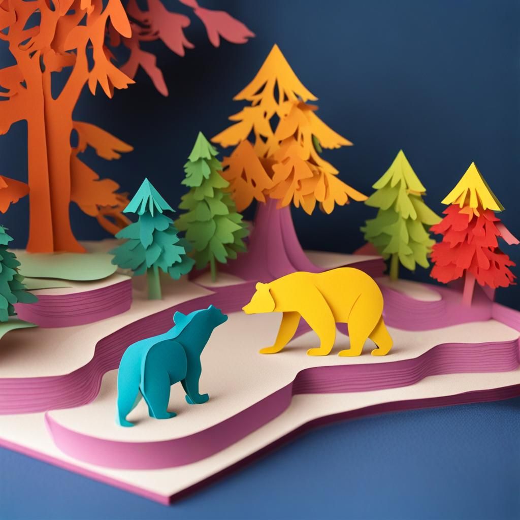 Vibrant Papercraft Bears by a Mini River