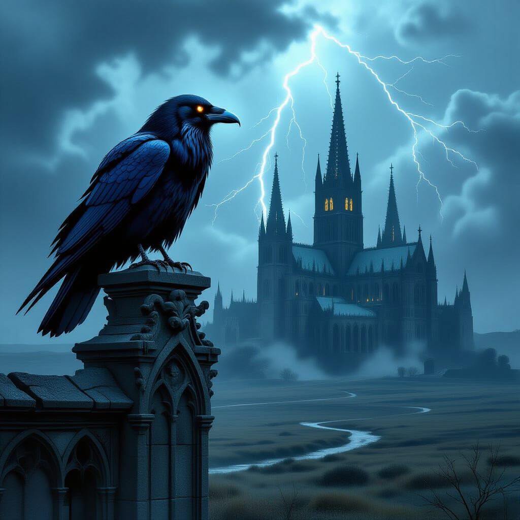 Spectral Raven Overlooking Gothic Cathedral in Dark Fantasy ...