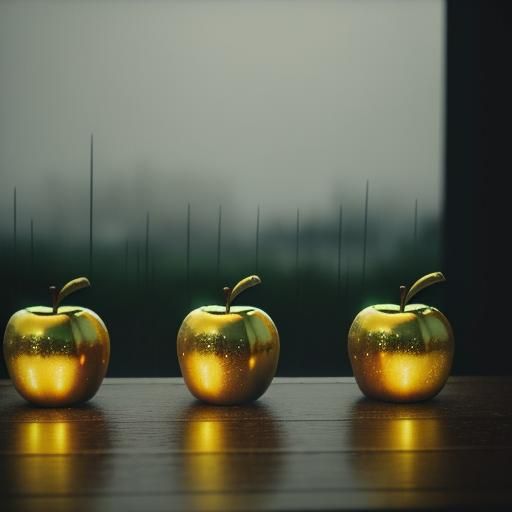 Golden Glass Apples Shine in Mysterious Rain