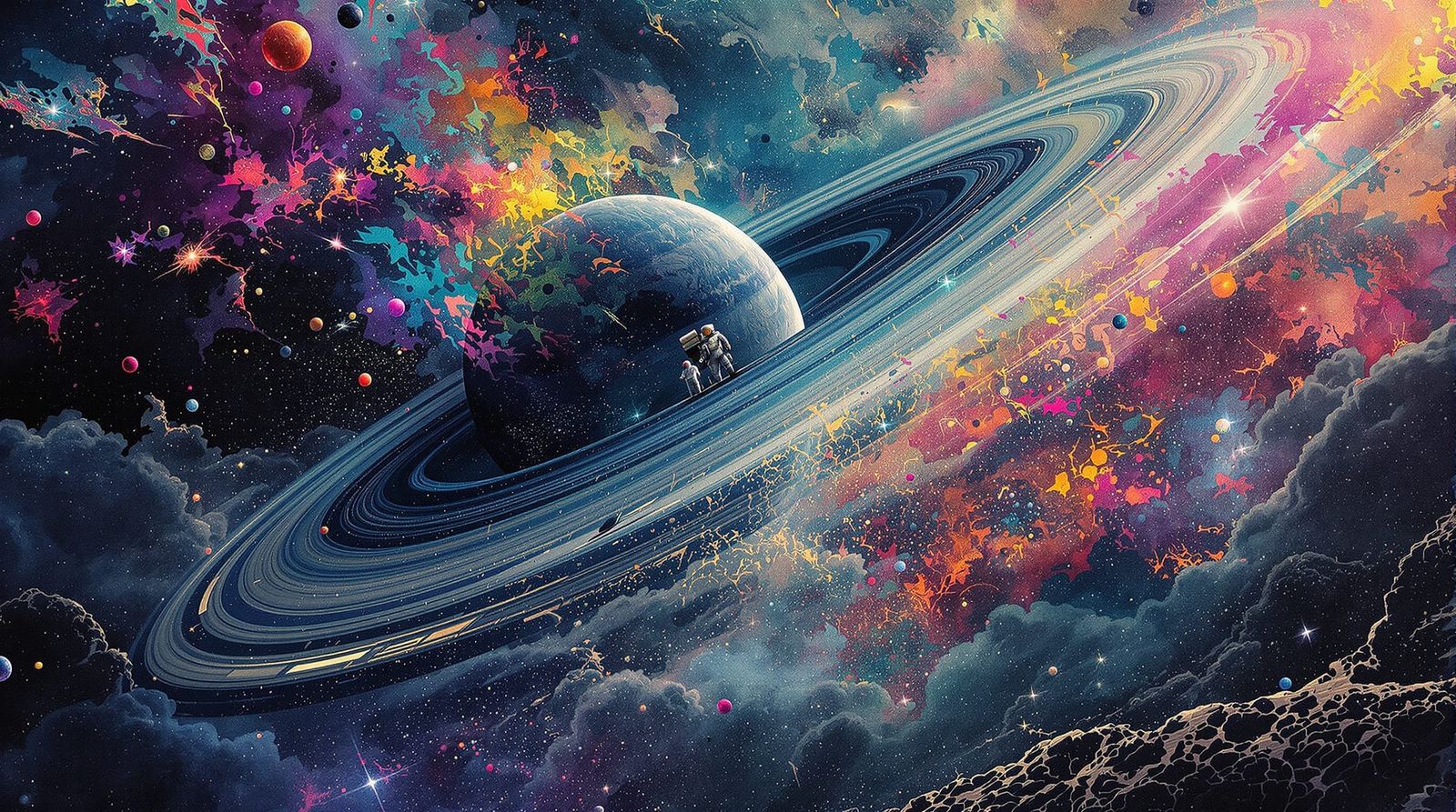 Astronaut's Voyage on Ringed Planet in Space