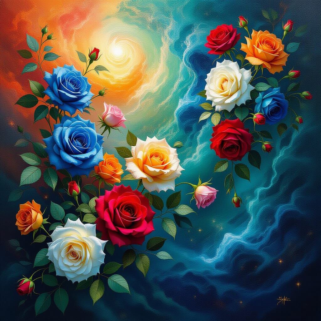 Diverse Roses in Surreal Cosmic Art Style