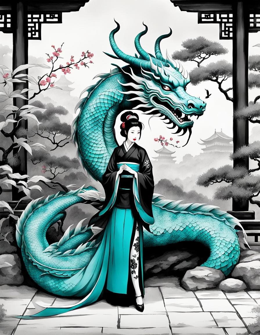 Geisha Interacts with Tiled Chinese Dragon in a Secret Garde...