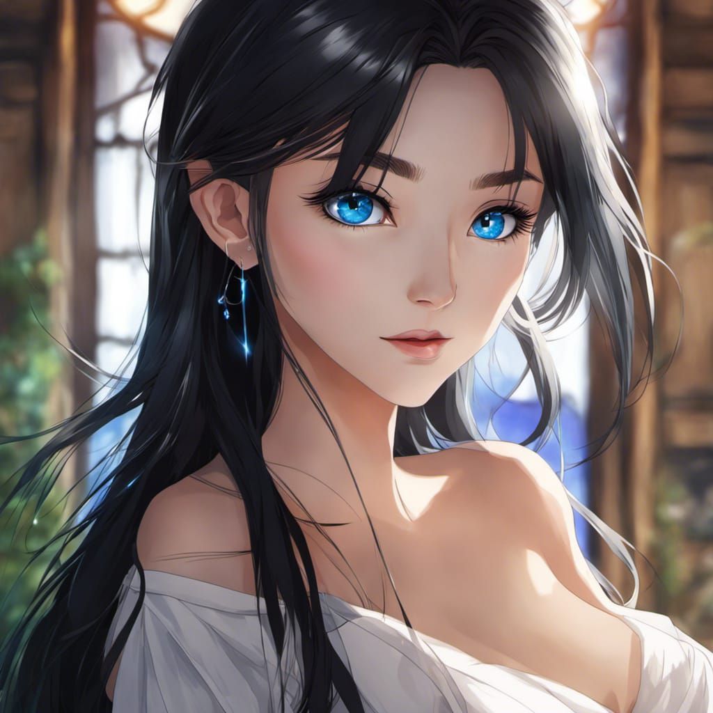 Anime Portrait of a Stunning Woman with Deep Multilayered Bl...
