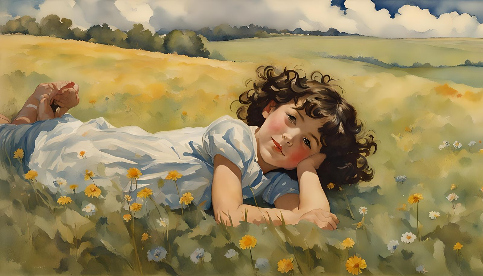 Ethereal Girl in a Lush Meadow, in Vibrant Impasto Gouache