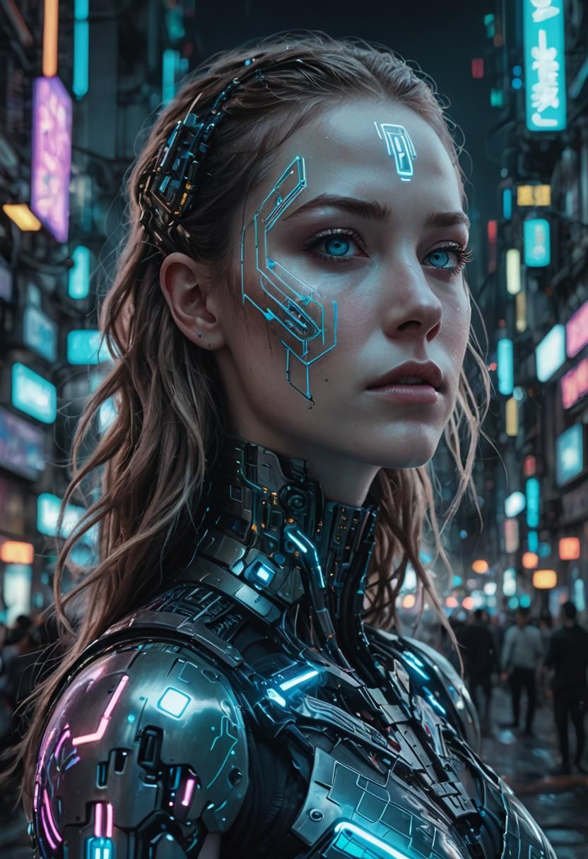 Cyberpunk Goddess Emerging from Neon City Haze