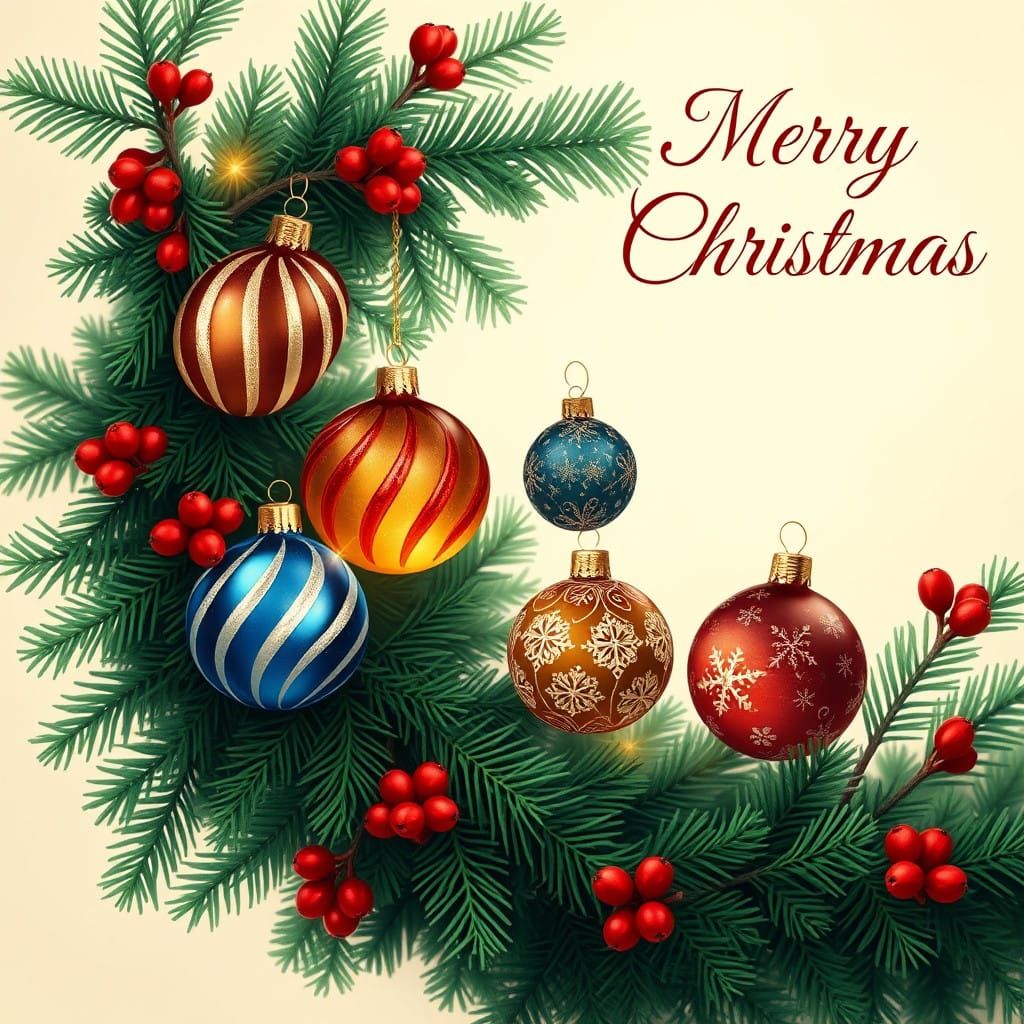 Vintage Christmas Card with Ornate Glass Ornaments and Holly