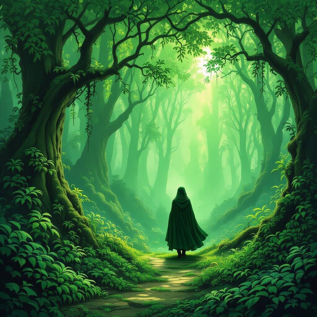 Mystical Emerald Forest With Cloaked Traveller