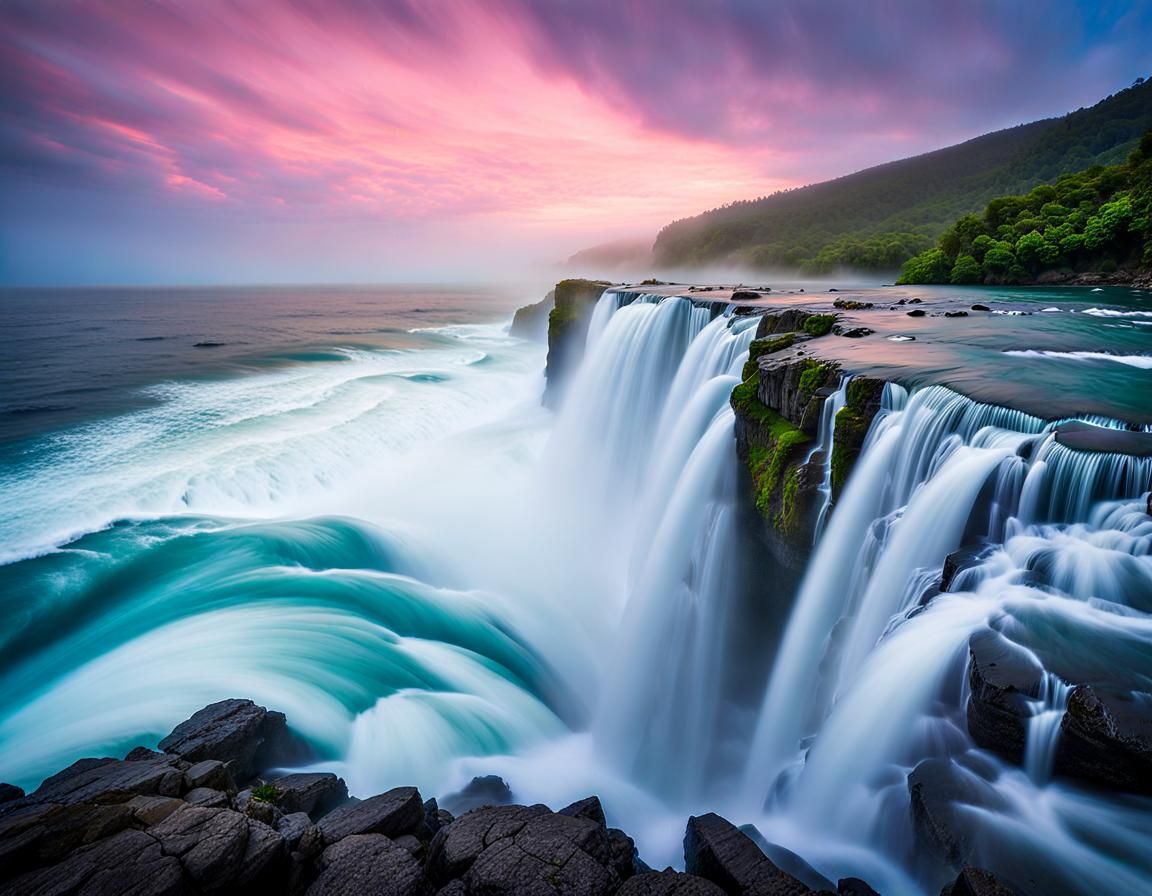Dreamlike Waterfall Emerging from Clouds in Pastel Hues