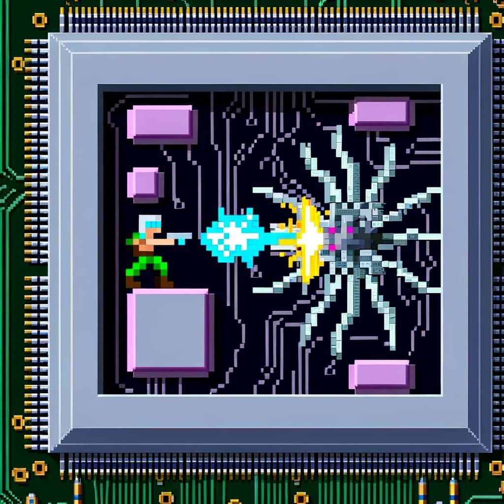 Cyber Warrior Battles CPU Virus in 16-bit Pixel Art