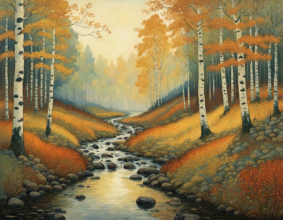 Autumnal Birch Forest Scene in Soft Light