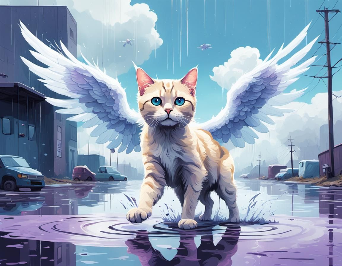 Angel Cat Splashes in Breathtaking Dreamlike Scene
