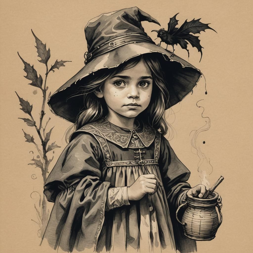 Girl Witch Brews Numbers in Whimsical Drawing