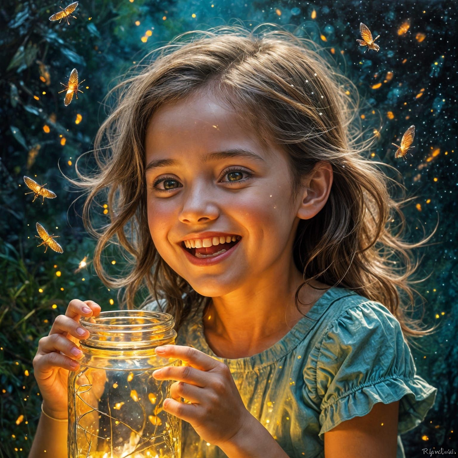Ethereal Girl Capturing Fireflies: Impressionistic Impasto S...