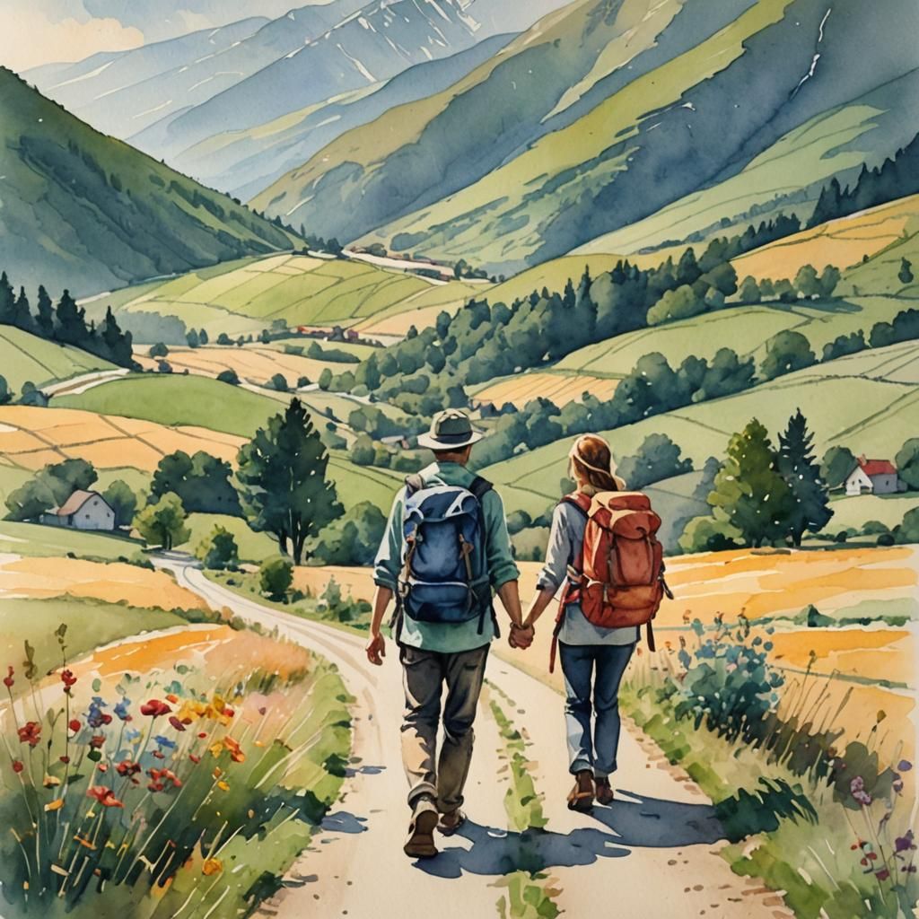 Romantic Hikers Walk Hand in Hand in the Sunshine