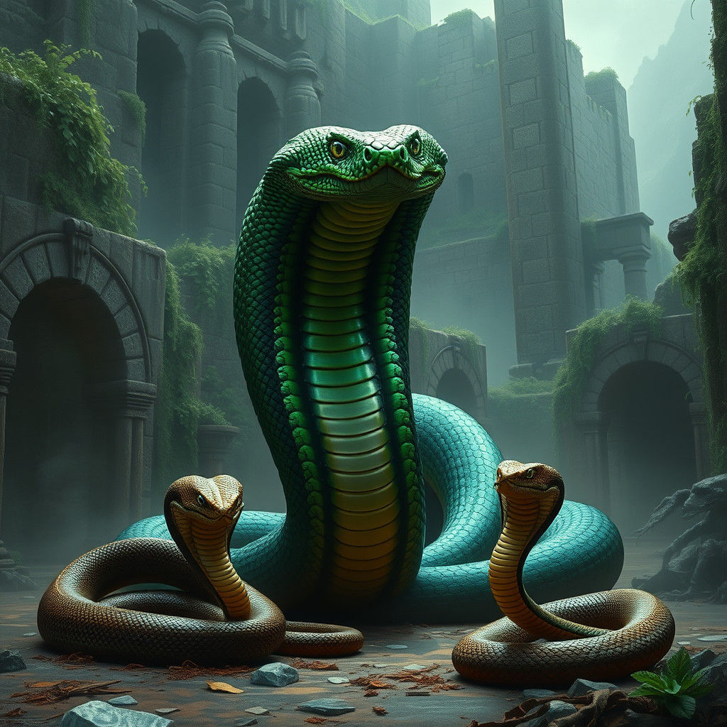 Emerald Cobra Confronts Lesser Snakes in Ancient Ruins