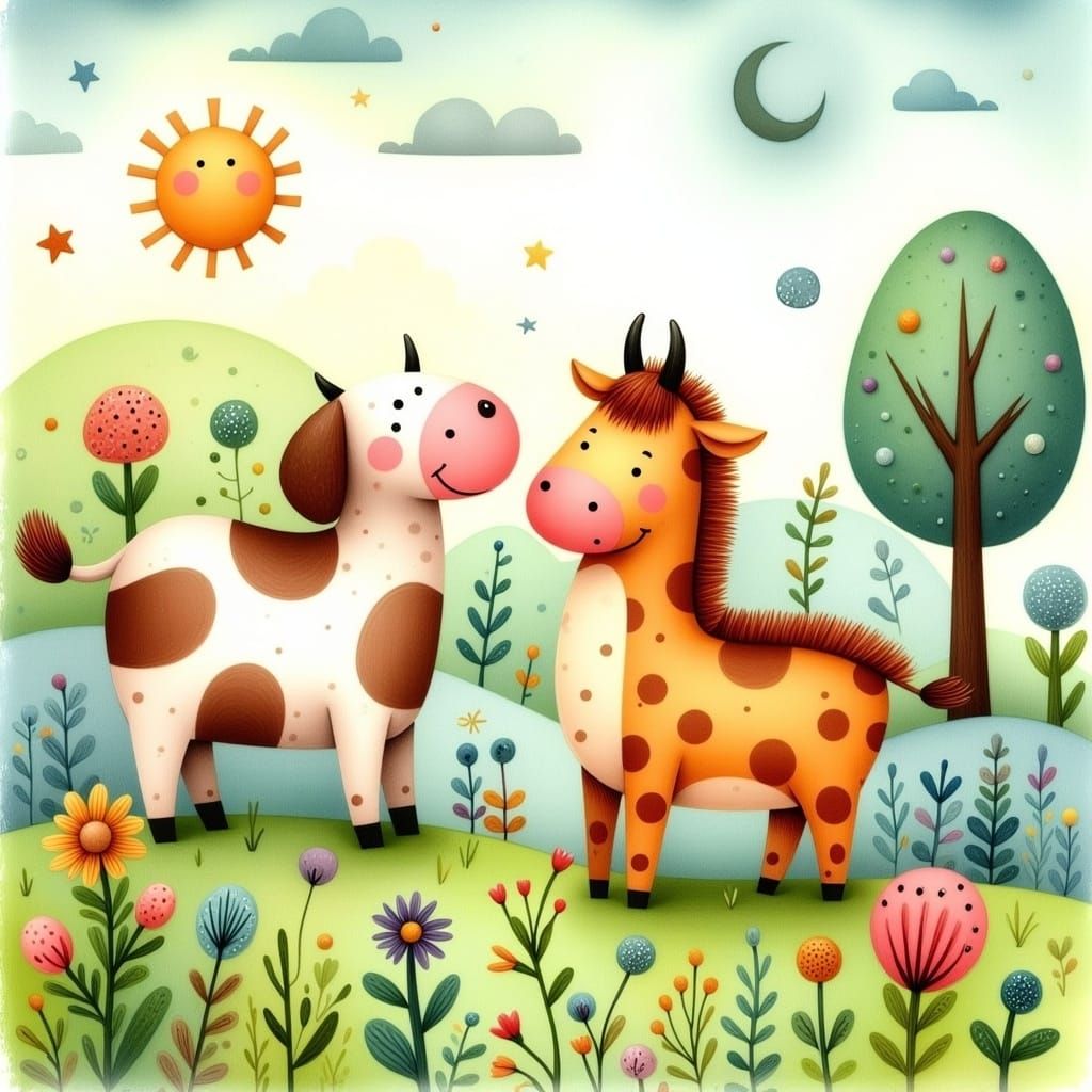 Whimsical Children's Illustration in a Naive Painting Style