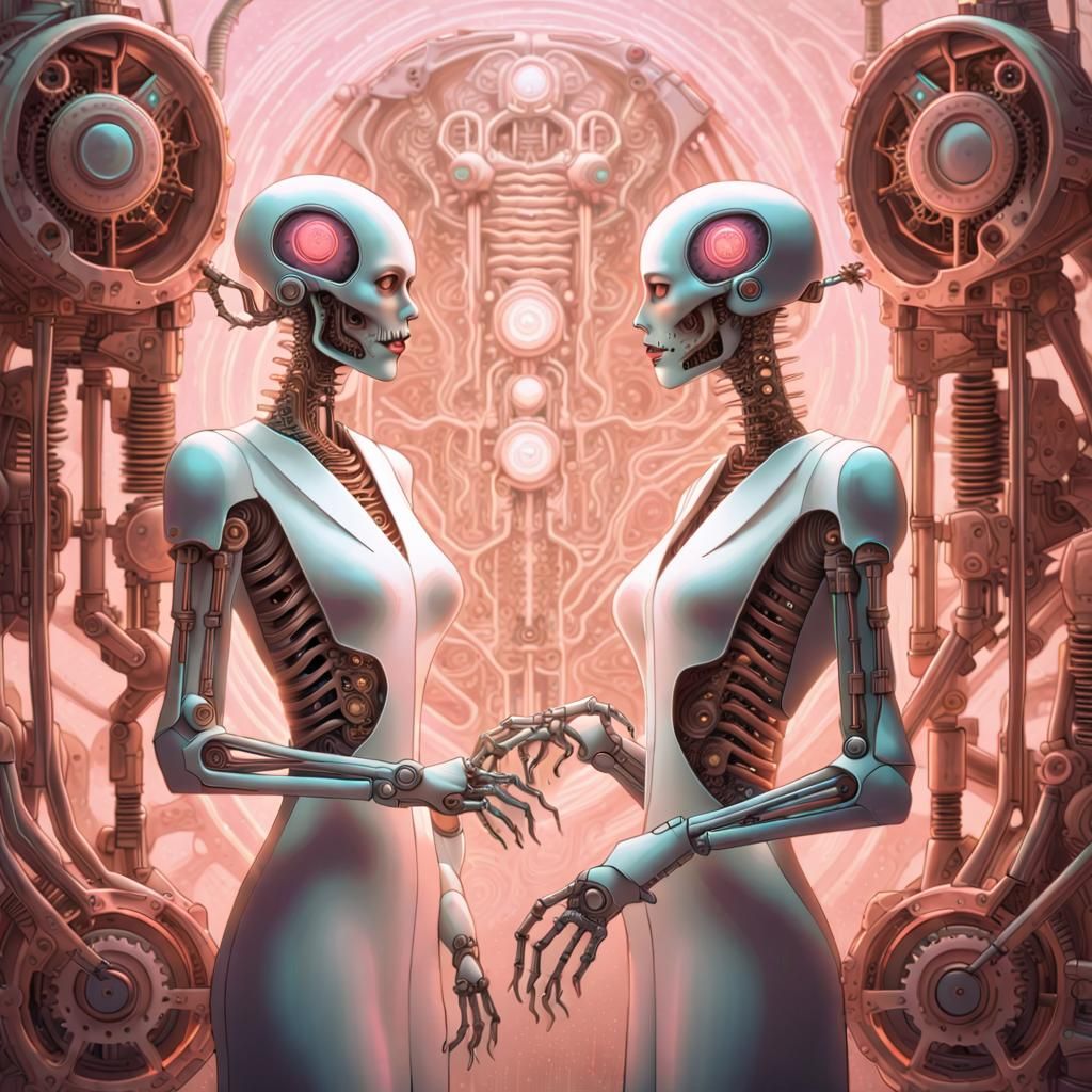 Ethereal Robot Wedding in Futuristic Bio-Mechanical Landscap...