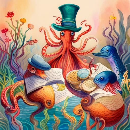 Whimsical Underwater Tea Party Scene in Vibrant Watercolor