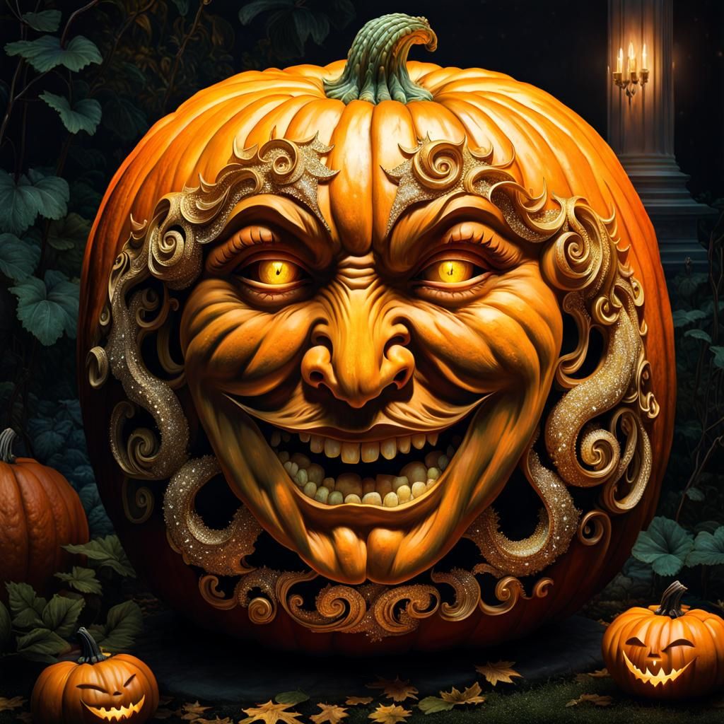 Dreamlike Carved Pumpkin Face Medusa in the Garden