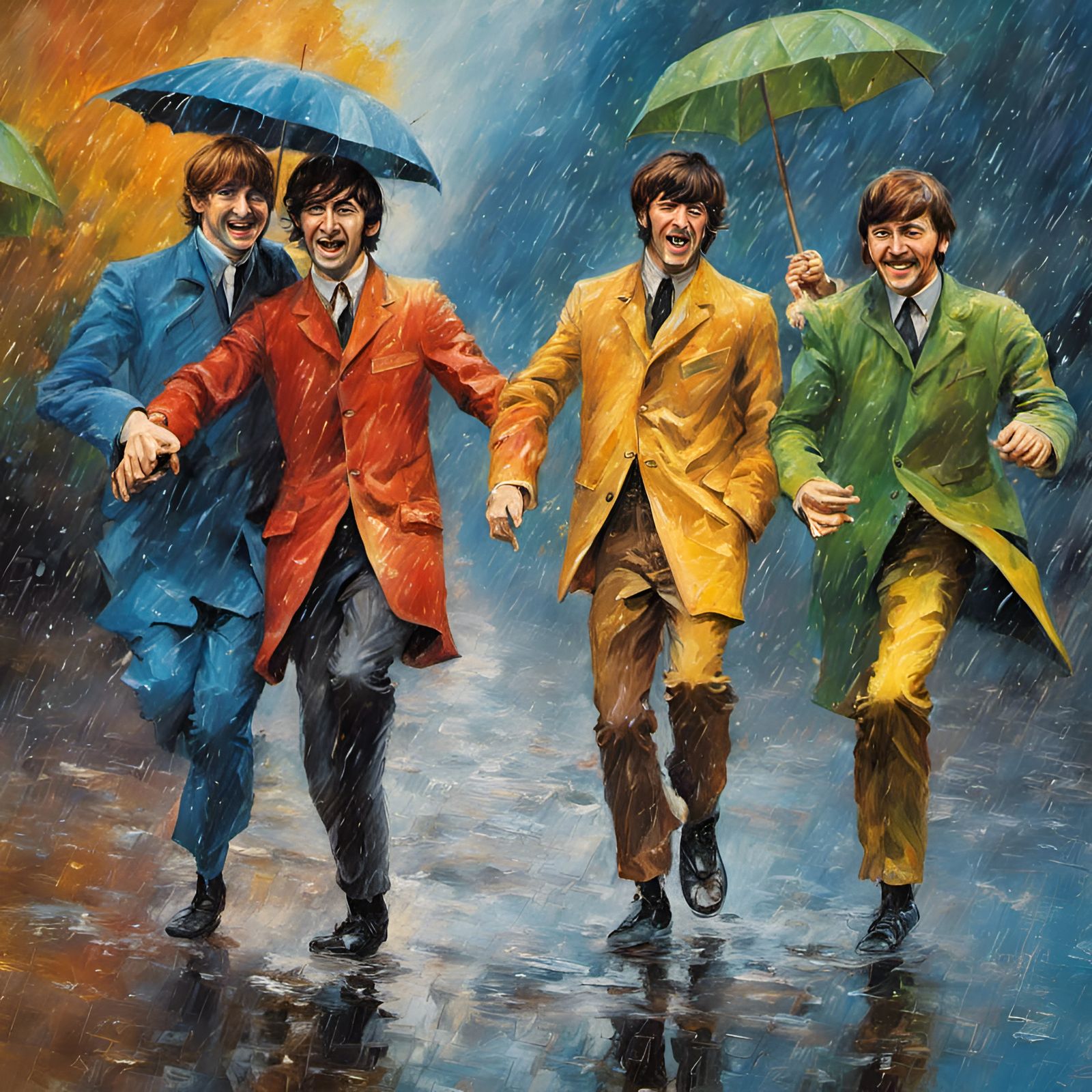 The Fab Four Dance in a Splashy, Hyperrealistic Rain Scene