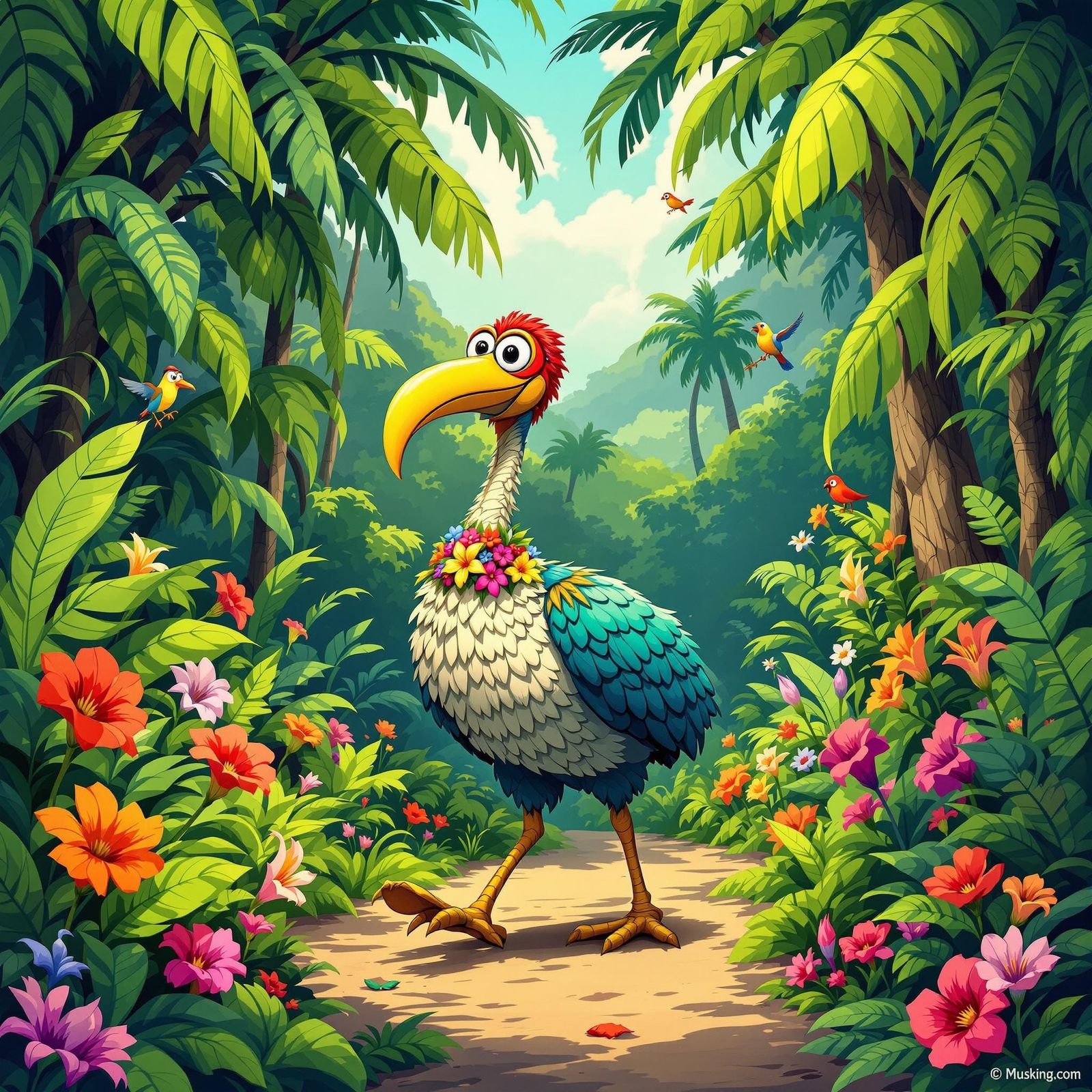 Dodo Bird in Tropical Forest, Cartoon Style