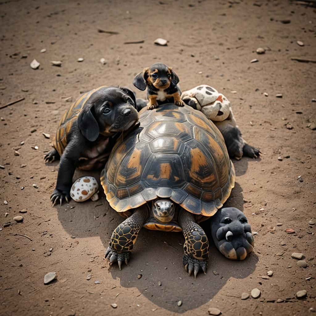 Tortoise and Cuddly Puppy in Vibrant Bokeh Lighting