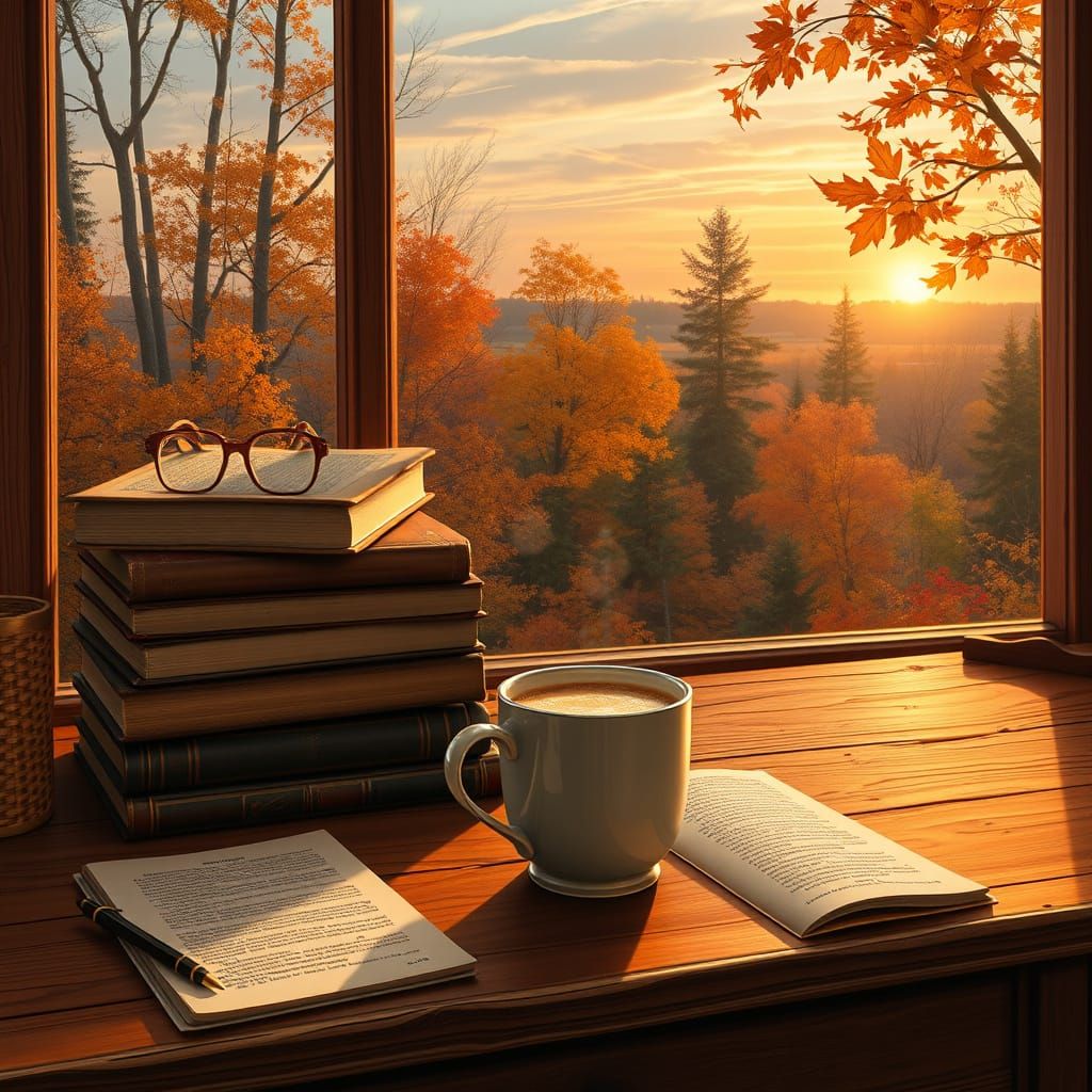 Cozy Autumn Desk Scene at Sunset