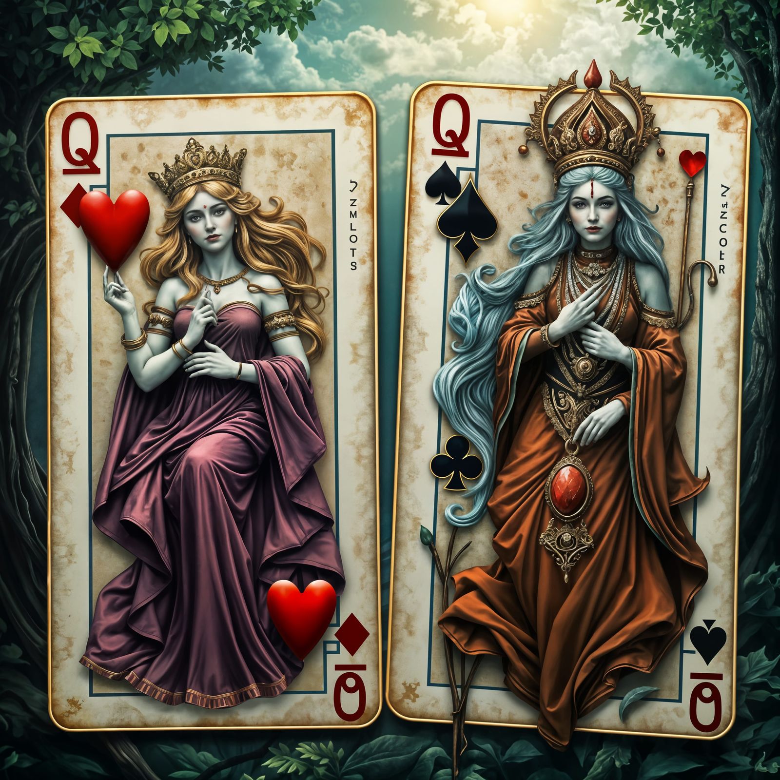 Mythological Queens Playing Cards in Fantasy Concept Art