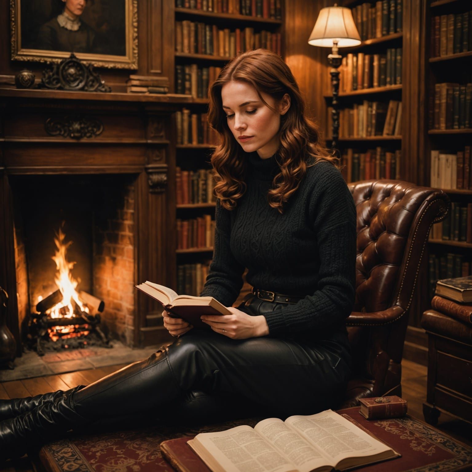 Woman Reading by Fire in Cozy Library Nook