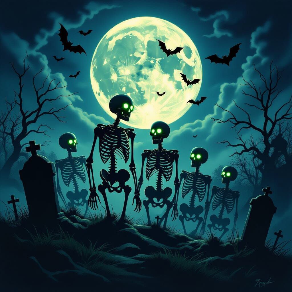 Ethereal Horror Skeletons Rise From Graveyard Under Full Moo...