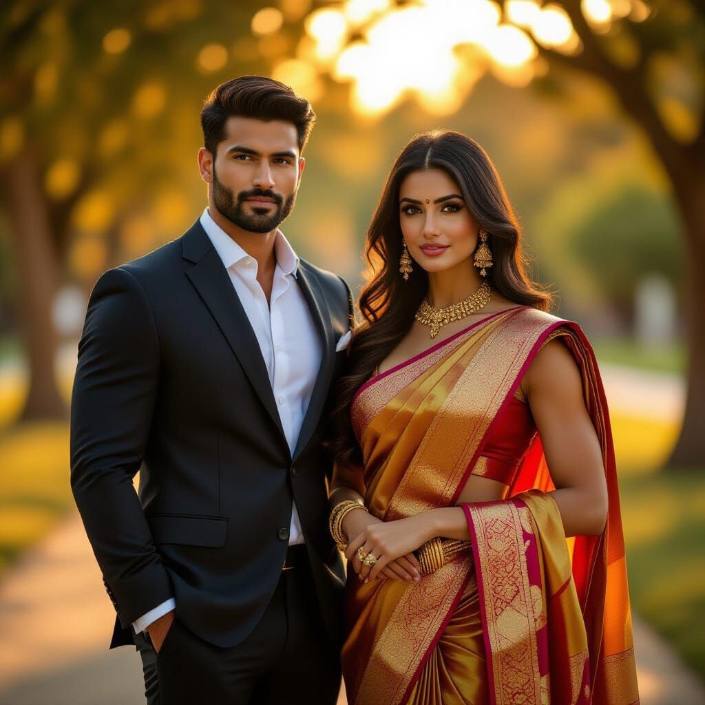 Muscular Men in Business Suit and Saree in Golden Hour Park