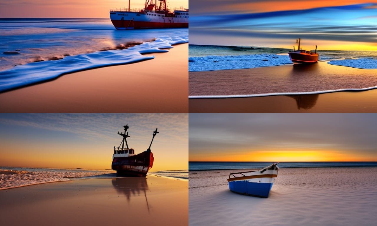 Winter Sunset on a Deserted Beach with a Stranded Ship in Hy...