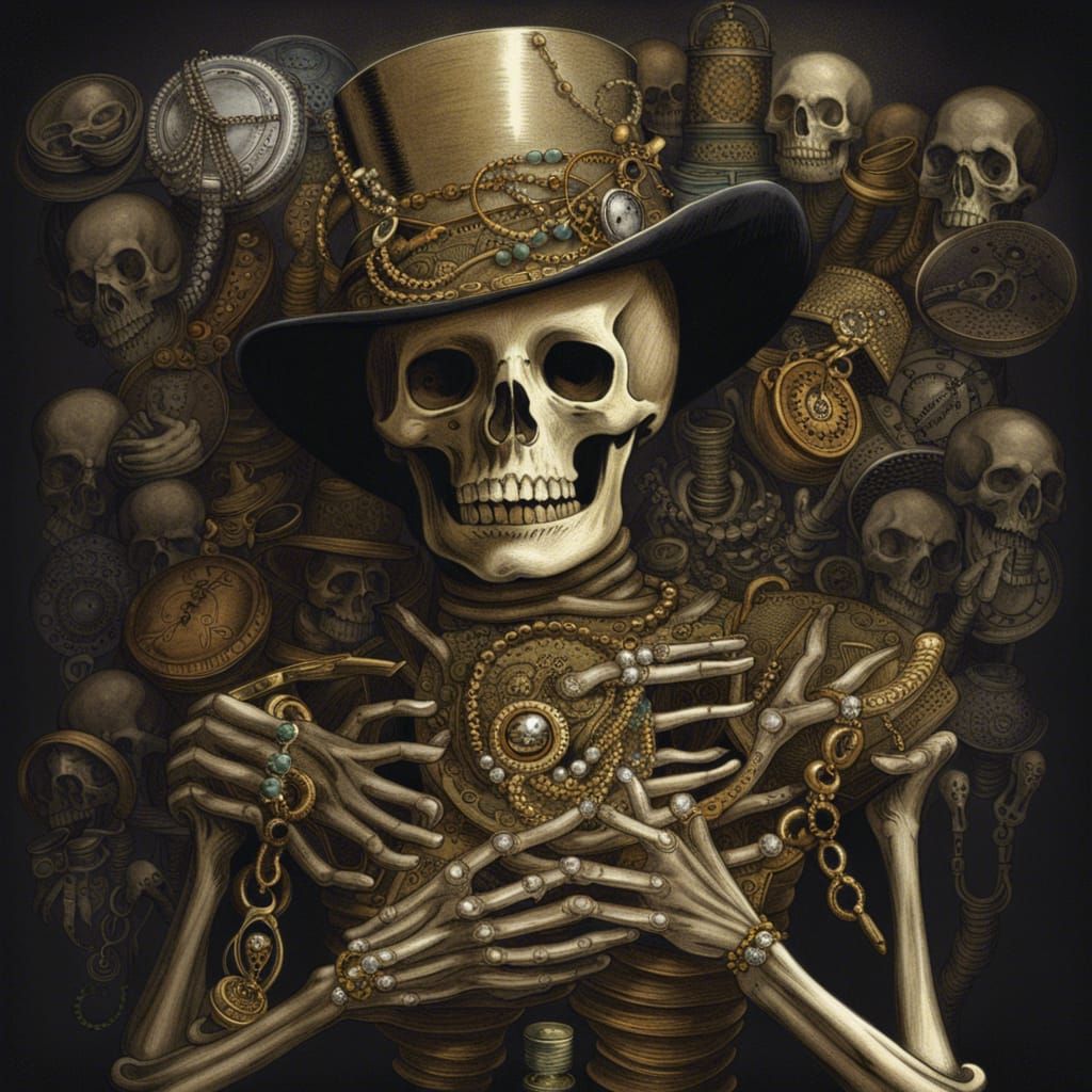 Elegant Skeleton in Top Hat Adorned with Jewellery